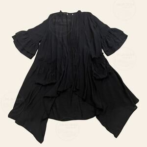 Mystical Avant Garde Black Duster Kimono | Smocked Waist Pockets Ruffle Art Wear